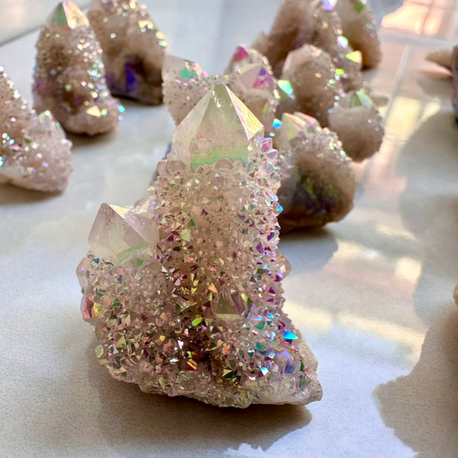 Spirit Quartz cluster in Angel Aura pastel rainbow tones