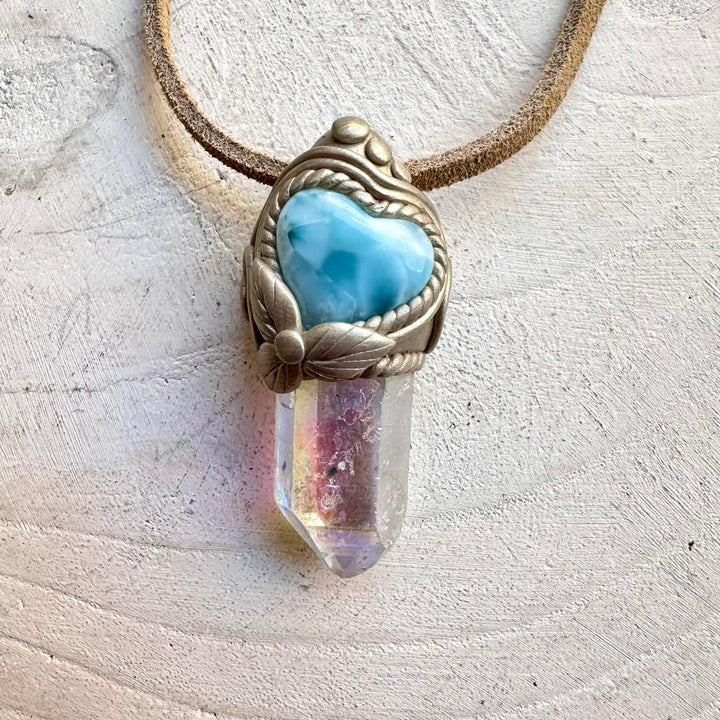 One of a kind larimar heart and aura quartz gemstone necklace