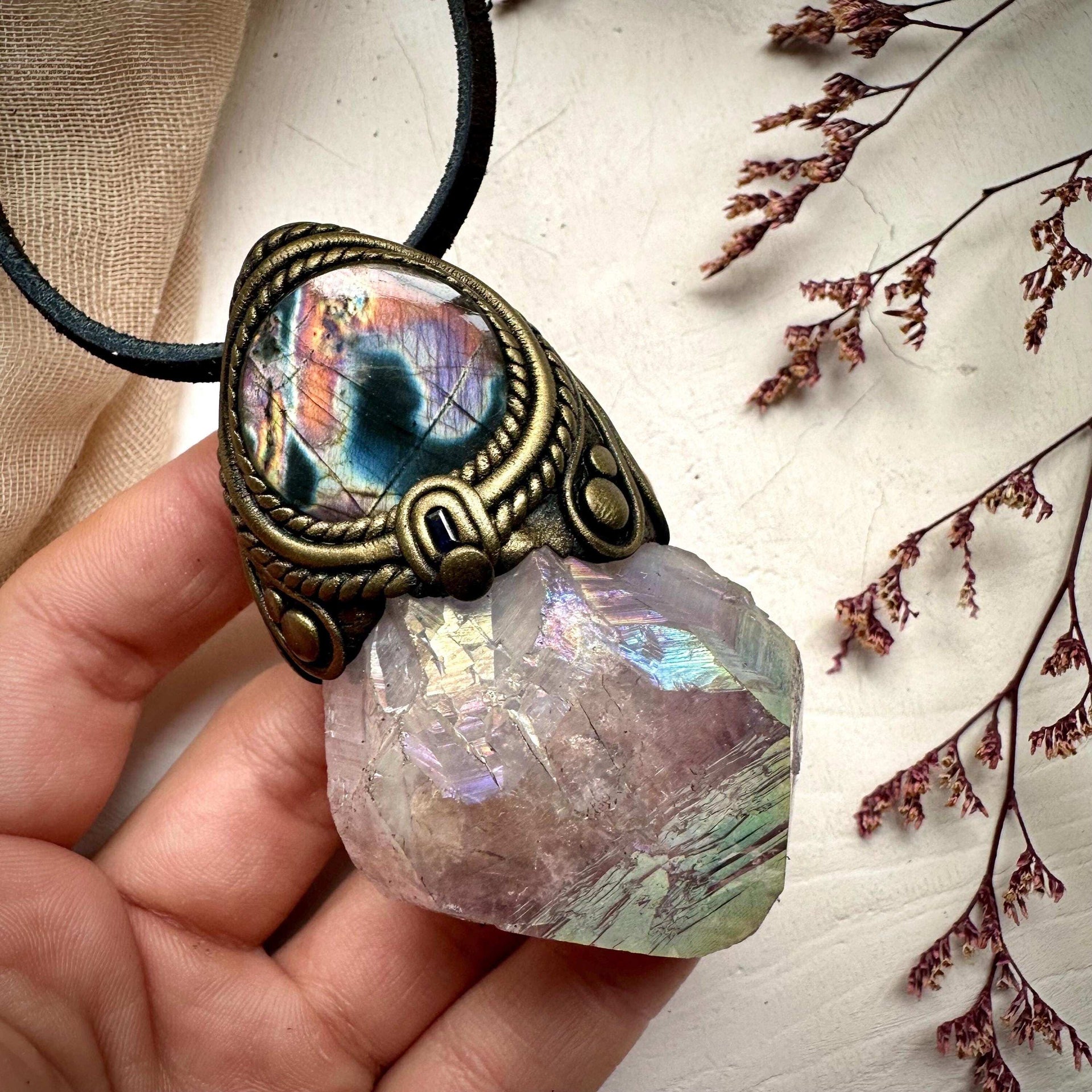 Angel Aura Amethyst Point Labradorite and Blue Sapphire Wand / Pendant - FairyGardenGlow