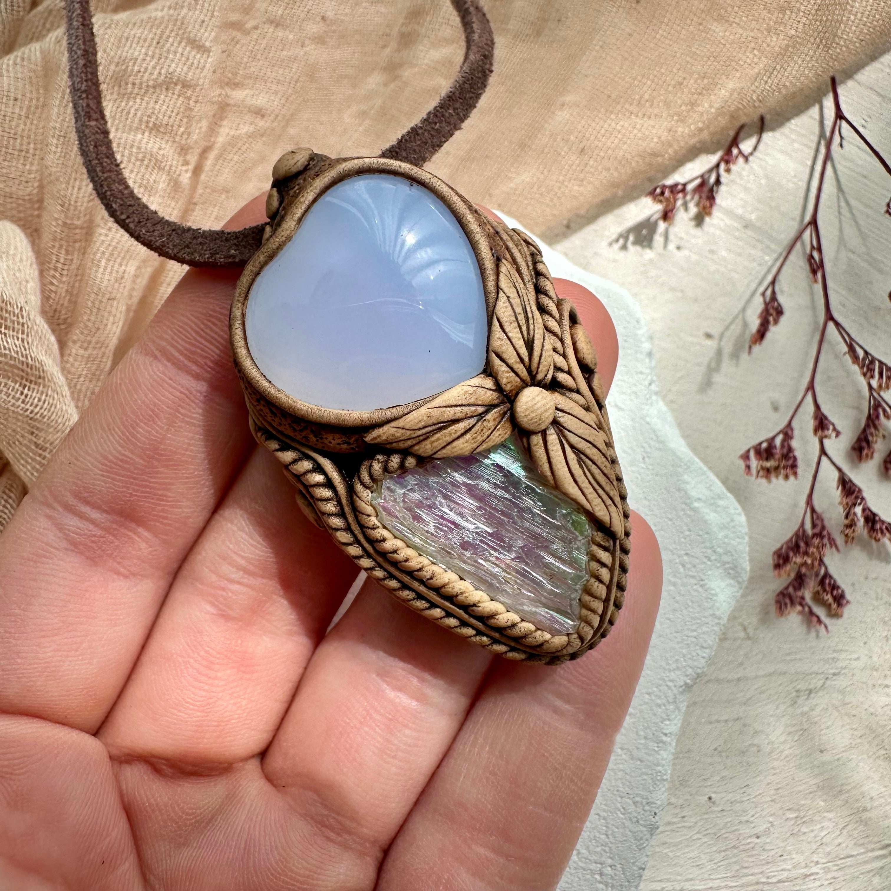 Angel Aura Kunzite and Blue Chalcedony Heart Pendant - FairyGardenGlow