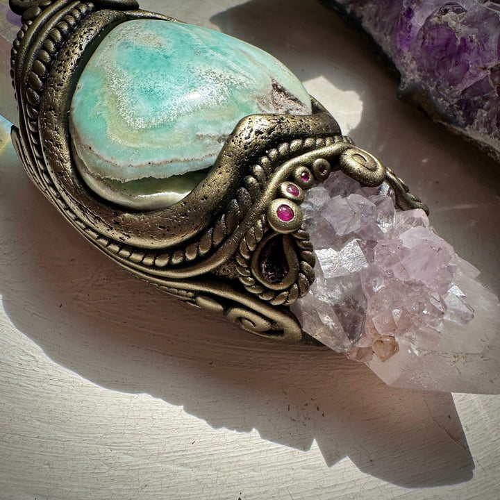 Angel Aura Lemurian Quartz Spirit Quartz Caribbean Calcite Heart Morganite Opal Spinel and Ruby Wand - FairyGardenGlow