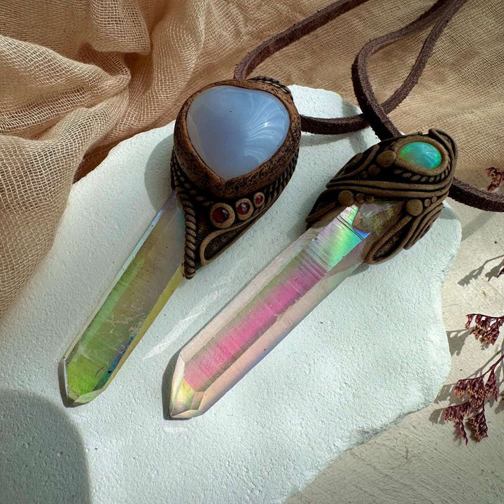Angel Aura Quartz Blue Chalcedony and Ruby Pendant Necklace - FairyGardenGlow