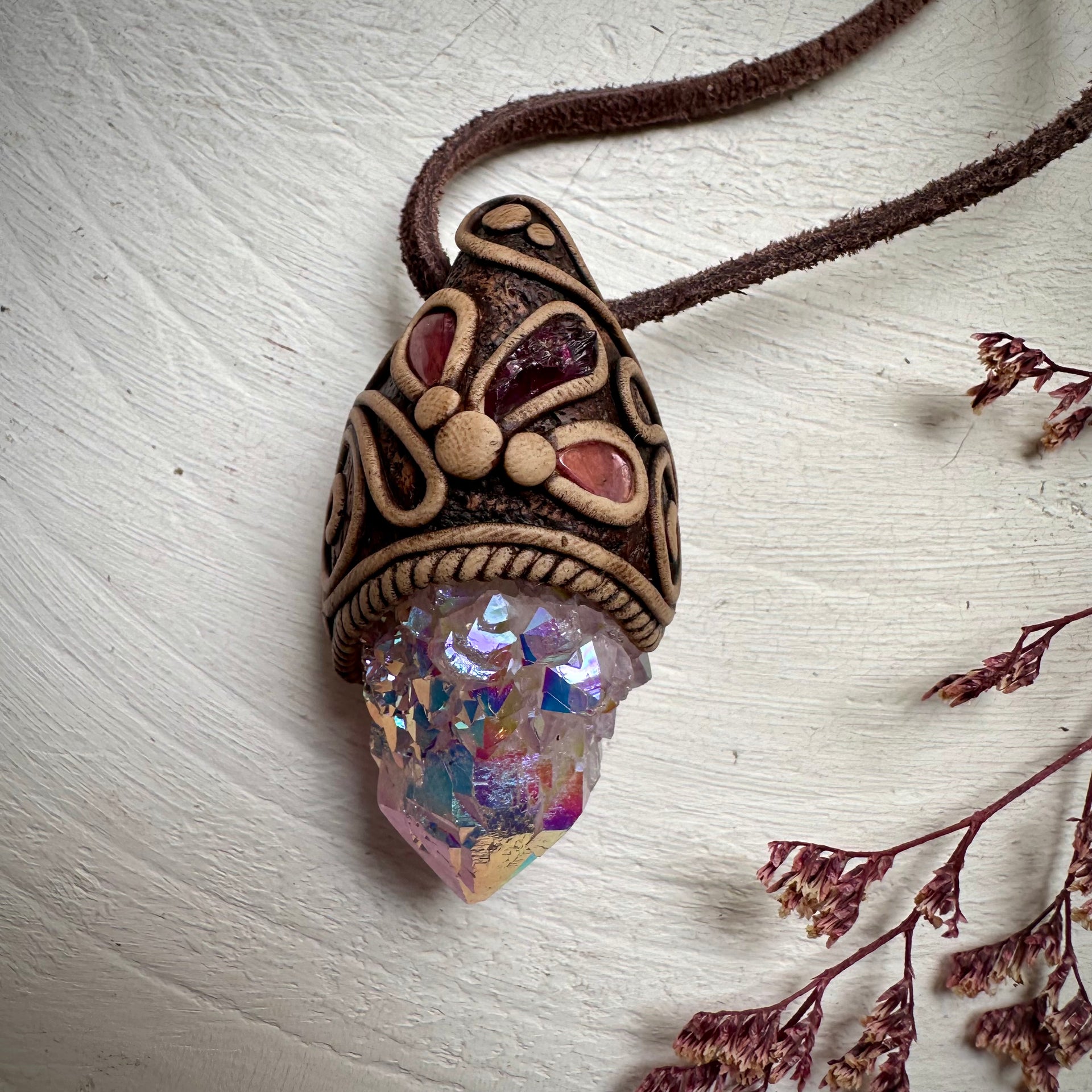 Angel Aura Spirit Quartz Rhodolite Garnet and Pink Tourmaline Necklace - FairyGardenGlow