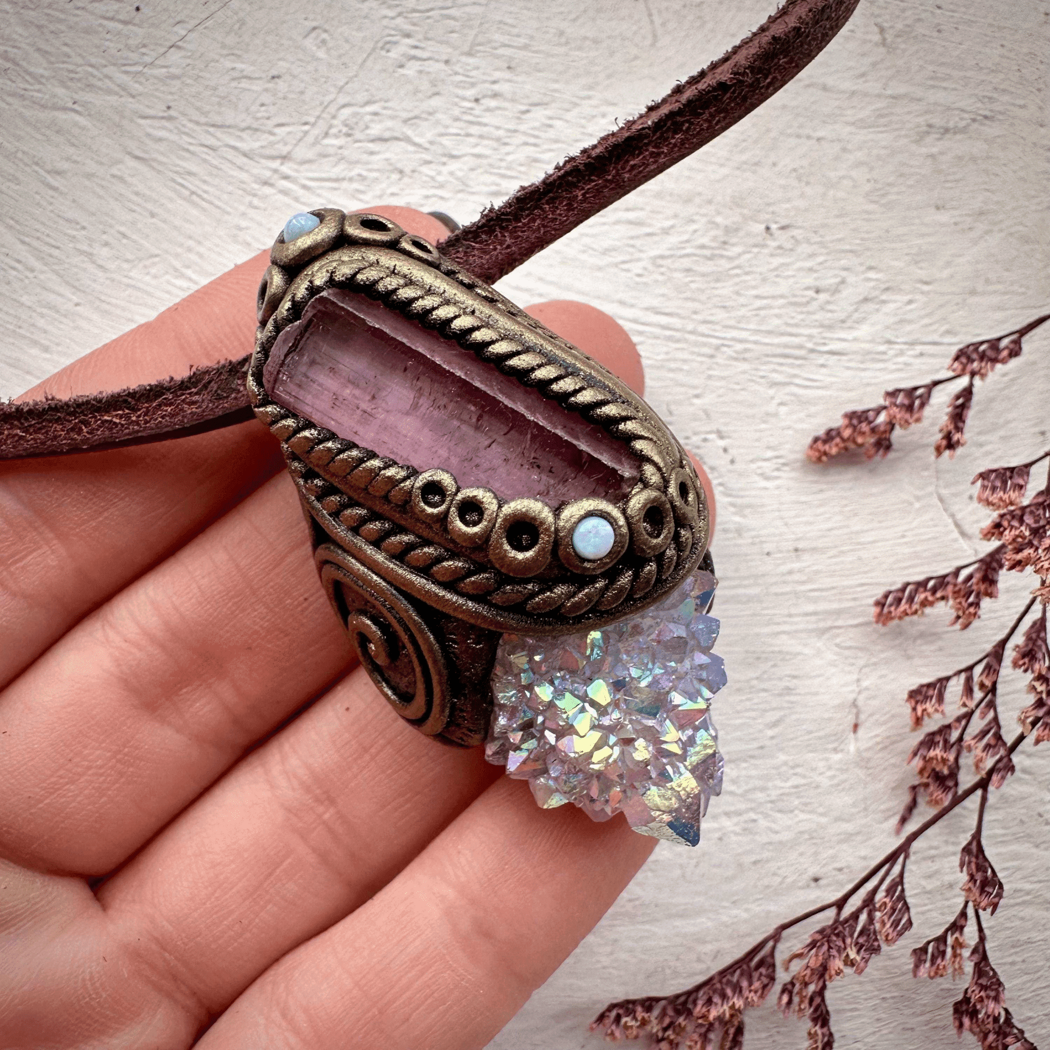 Angel Aura Spirit Quartz Pink Tourmaline and Australian Opal Necklace - FairyGardenGlow