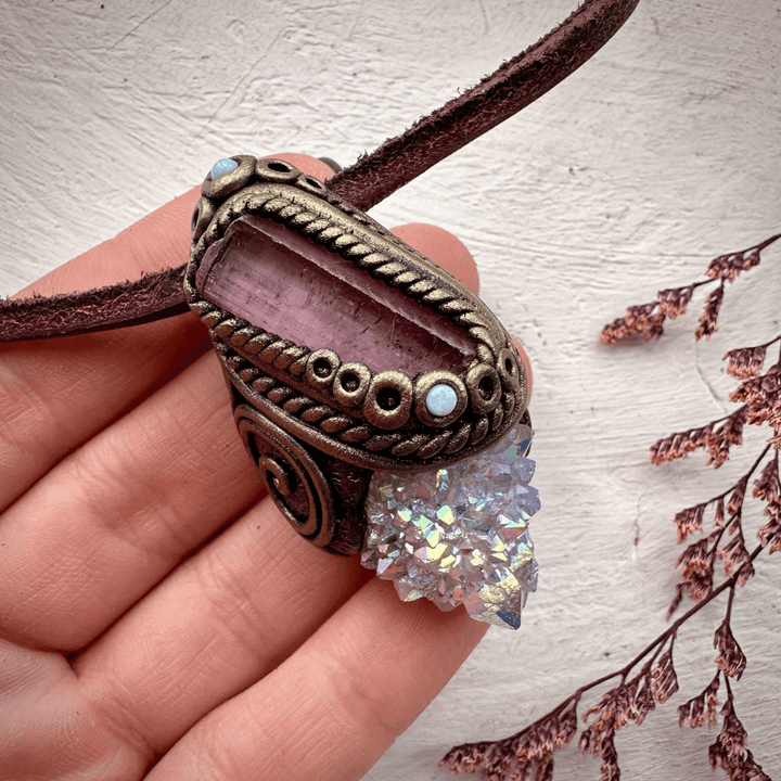 Angel Aura Spirit Quartz Pink Tourmaline and Australian Opal Necklace - FairyGardenGlow