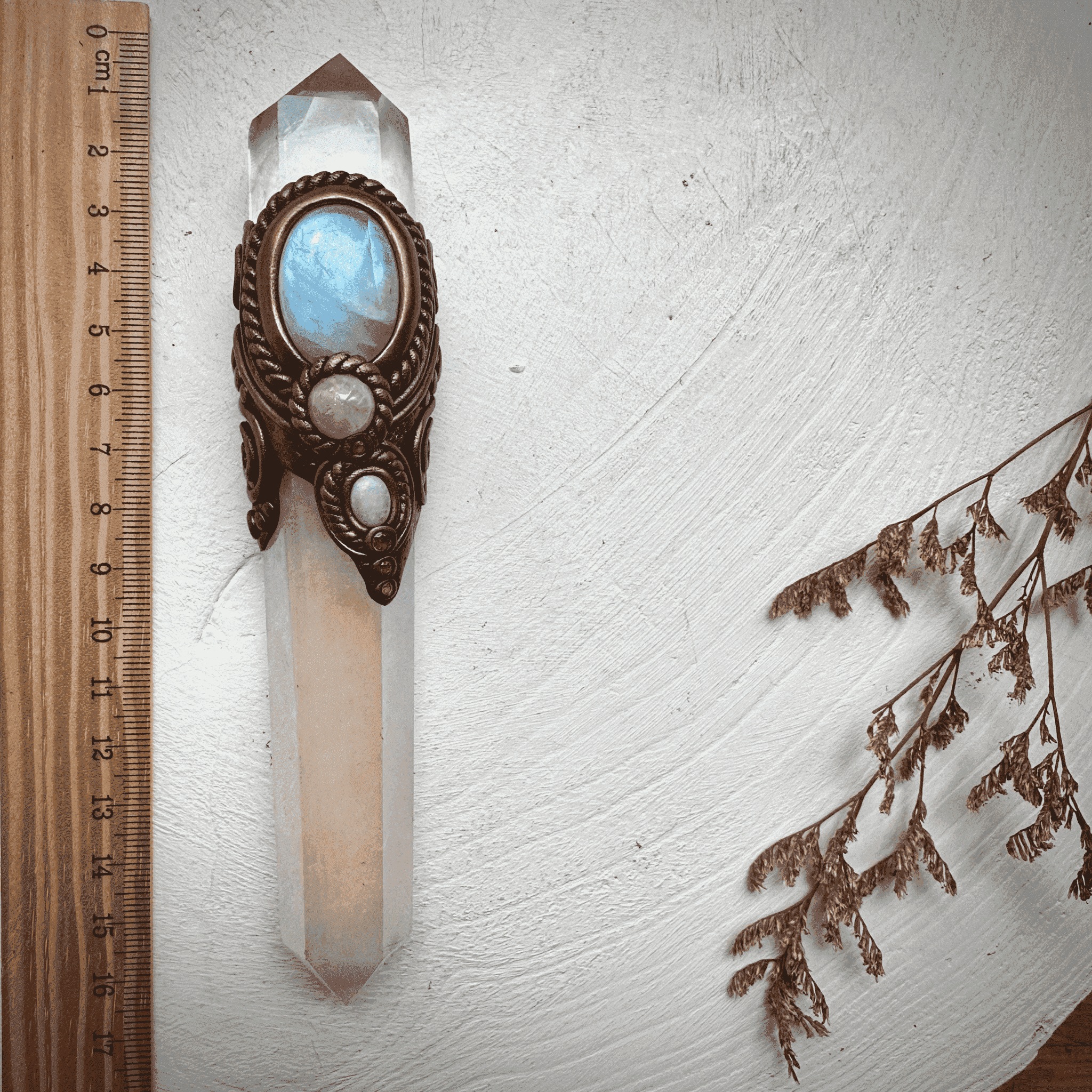 Angel Aura Rose Quartz Wand , Clear Quartz Rainbow Moonstone Morganite Ruby and Australian Opal Wand - FairyGardenGlow