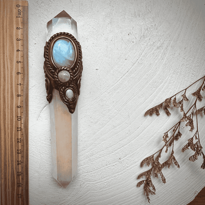 Angel Aura Rose Quartz Wand , Clear Quartz Rainbow Moonstone Morganite Ruby and Australian Opal Wand - FairyGardenGlow