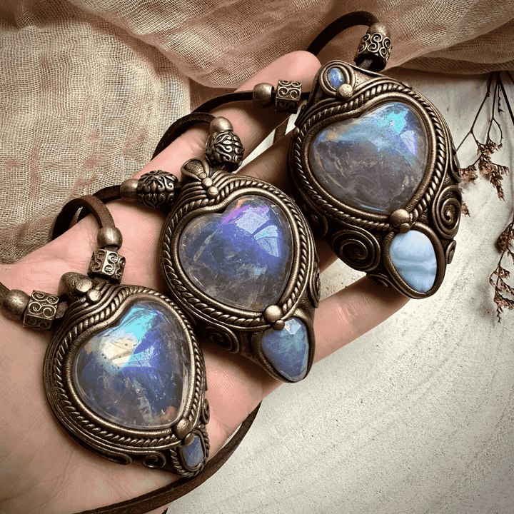 Angel Aura Rose Quartz Heart Larimar and Rainbow Moonstone Necklace - FairyGardenGlow