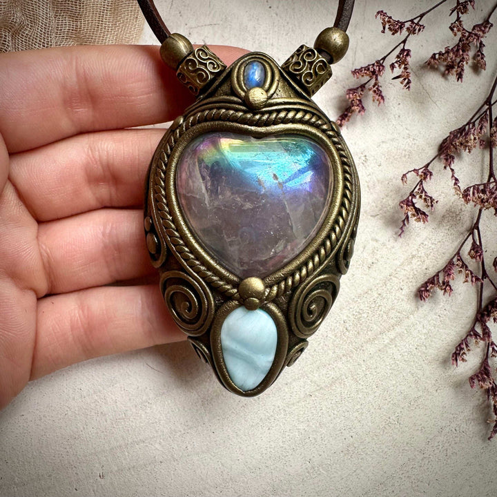 Angel Aura Rose Quartz Heart Larimar and Rainbow Moonstone Necklace - FairyGardenGlow