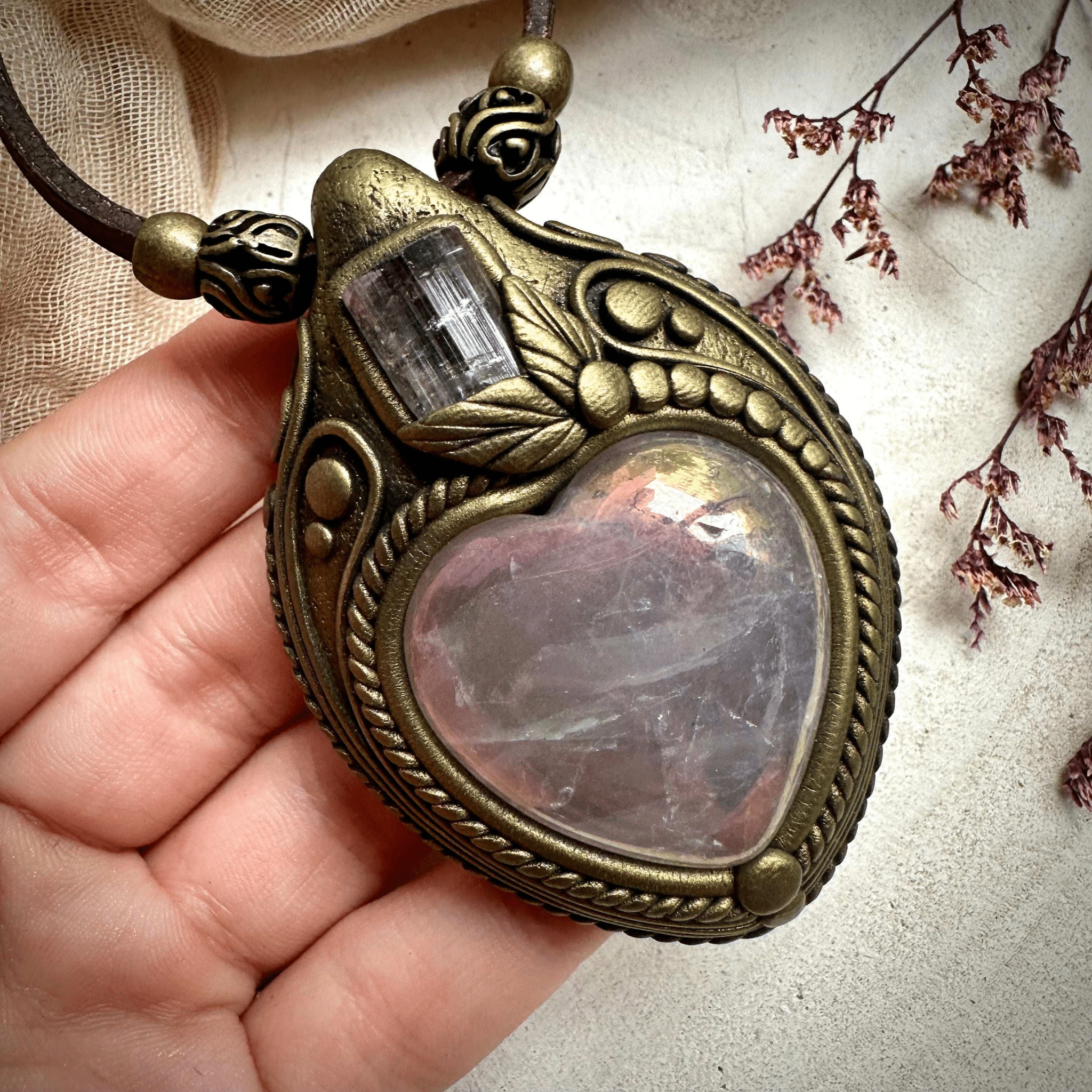 Angel Aura Rose Quartz Heart and Light Pink Tourmaline Necklace - FairyGardenGlow