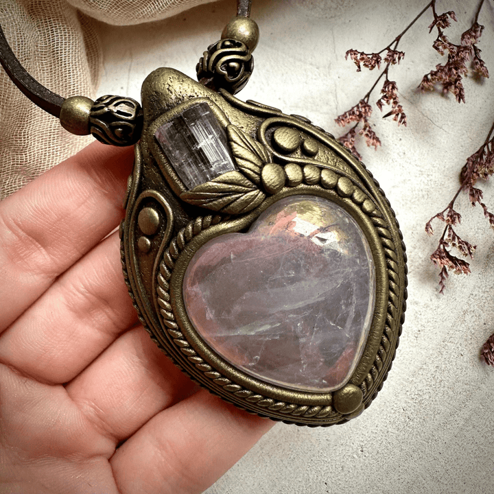 Angel Aura Rose Quartz Heart and Light Pink Tourmaline Necklace - FairyGardenGlow