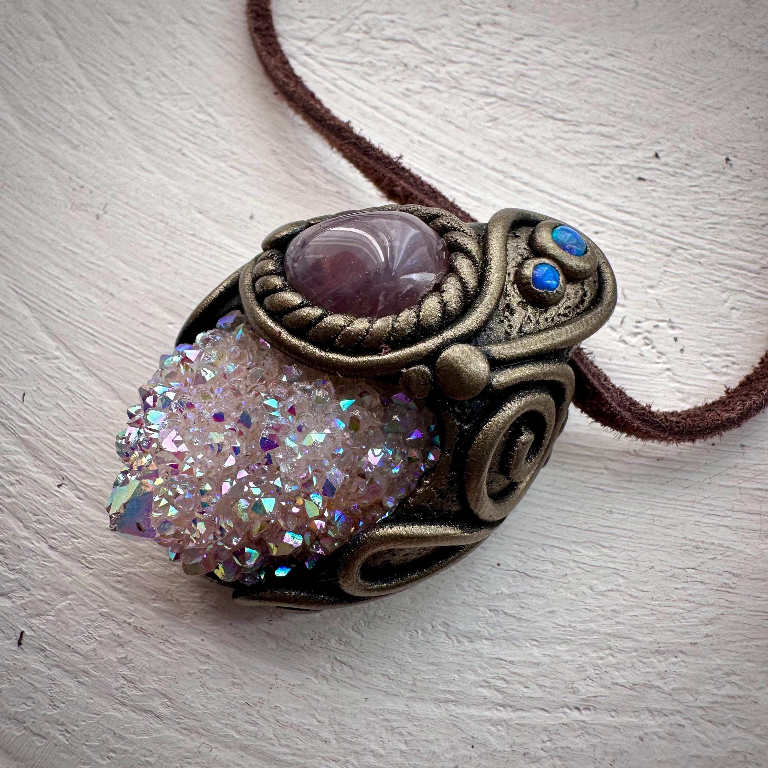 Angel Aura Spirit Quartz Lavender Quartz and Australian Opal Pendant Necklace - FairyGardenGlow