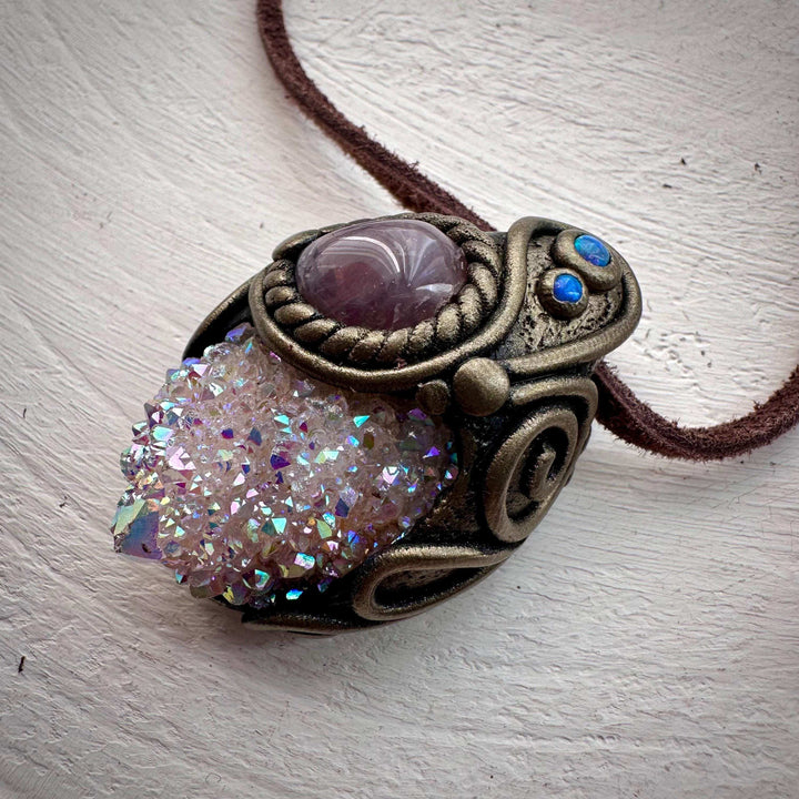 Angel Aura Spirit Quartz Lavender Quartz and Australian Opal Pendant Necklace - FairyGardenGlow