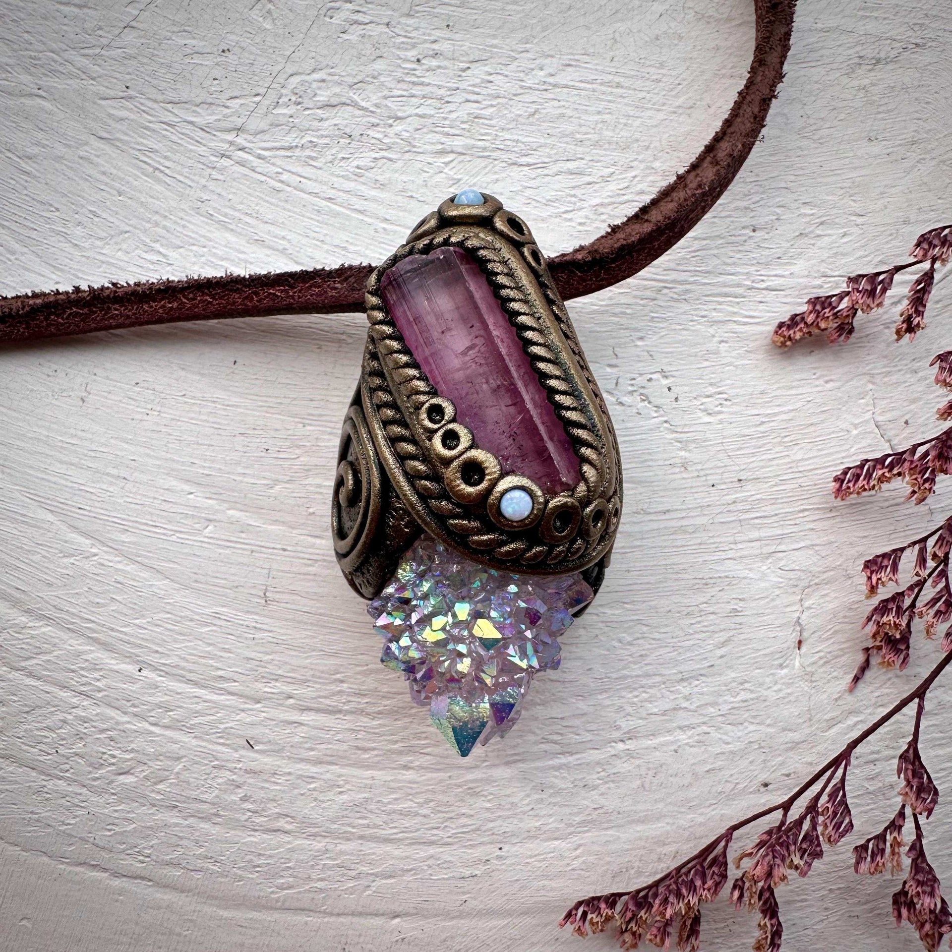 Angel Aura Spirit Quartz Pink Tourmaline and Australian Opal Necklace - FairyGardenGlow
