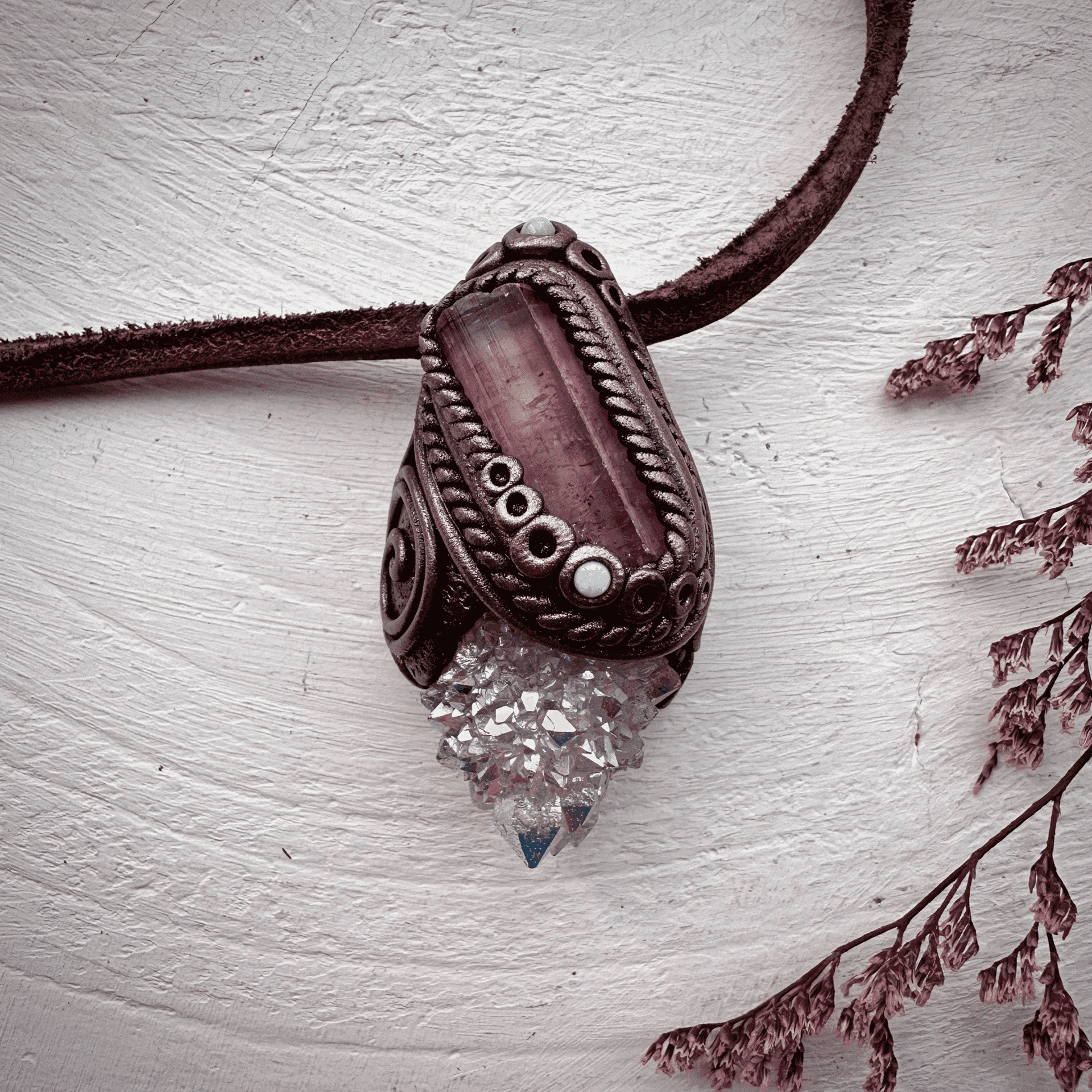 Angel Aura Spirit Quartz Pink Tourmaline and Australian Opal Necklace - FairyGardenGlow