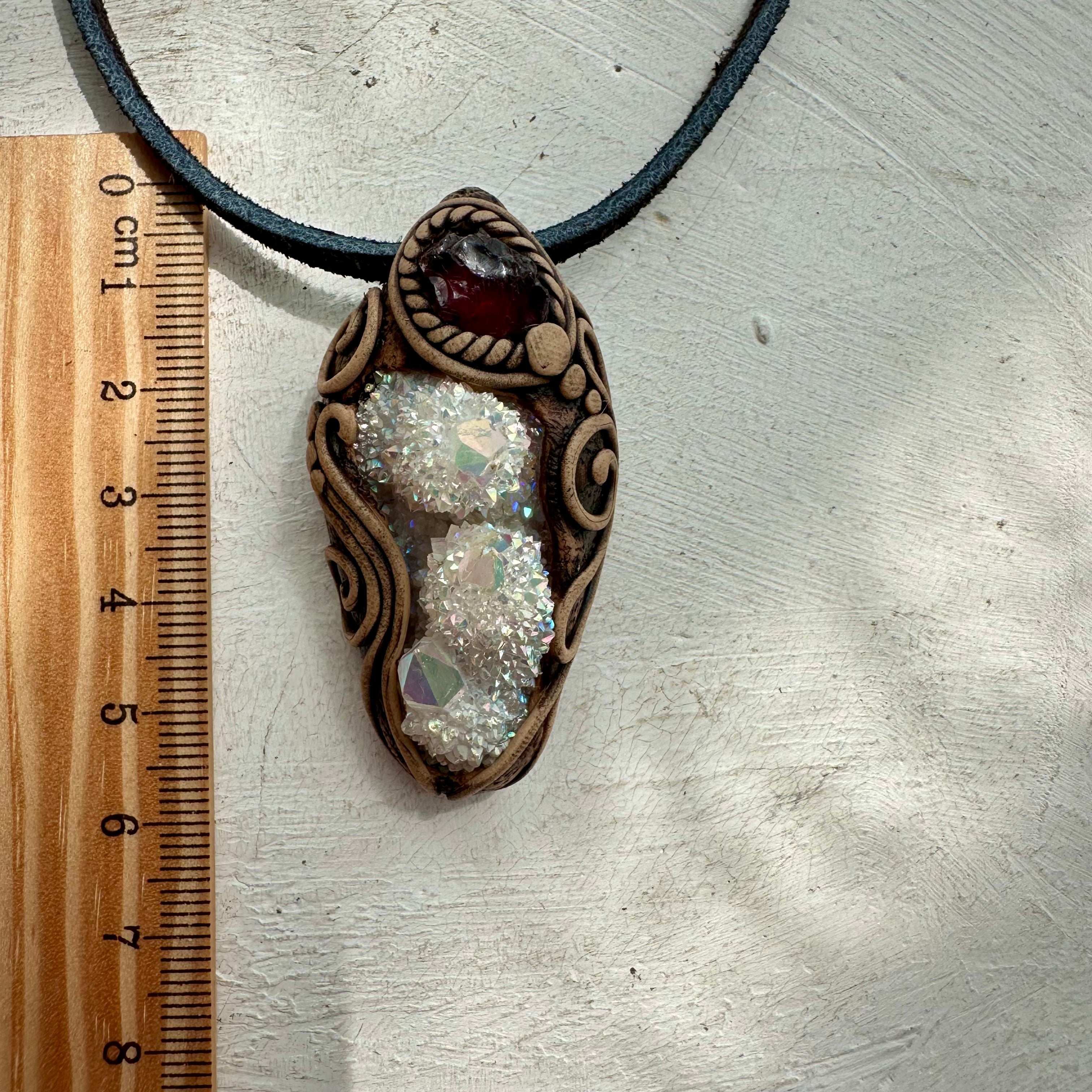 Angel Aura Spirit Quartz and Red Garnet Pendant Necklace - FairyGardenGlow