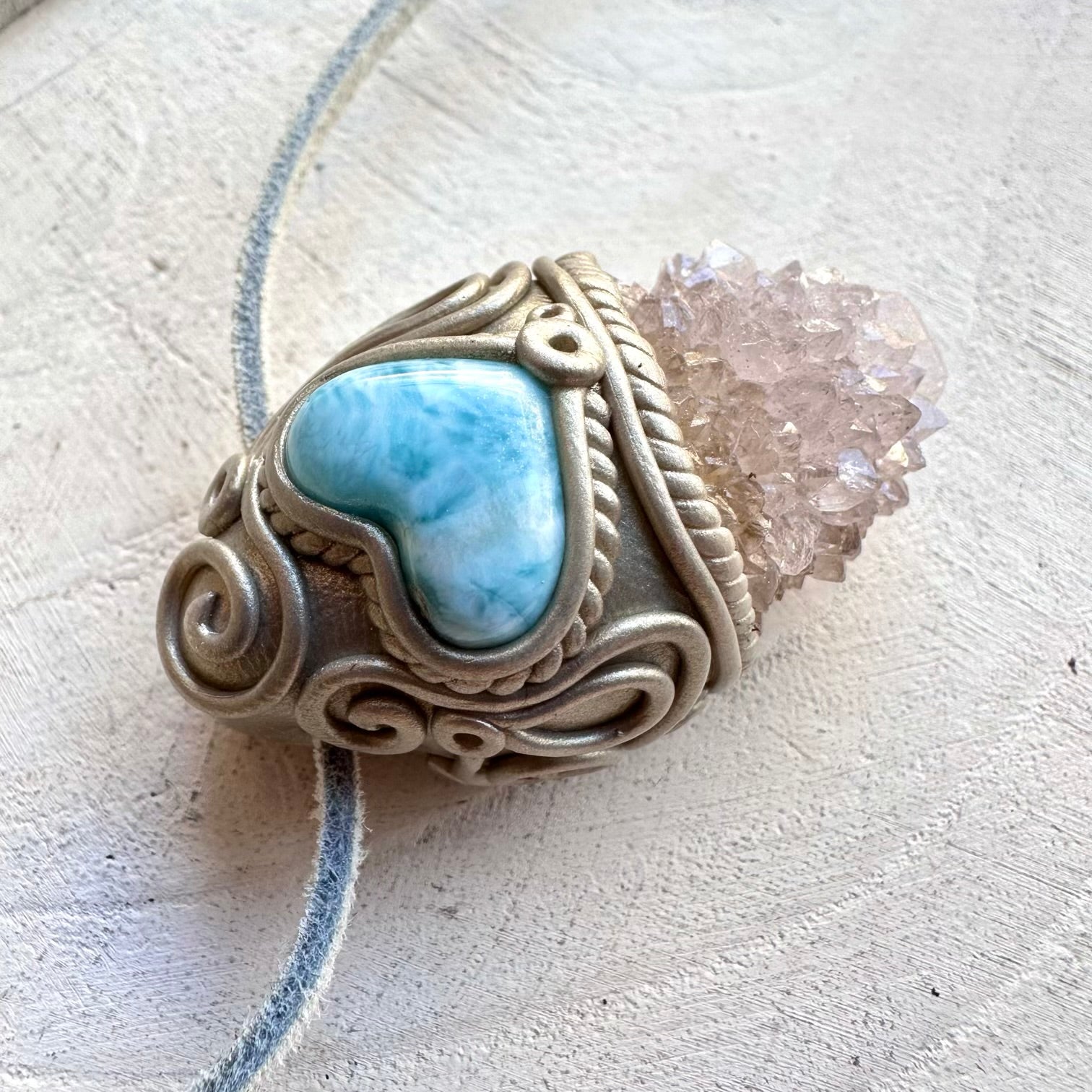 One of a kind larimar heart and spirit quartz gemstone necklace
