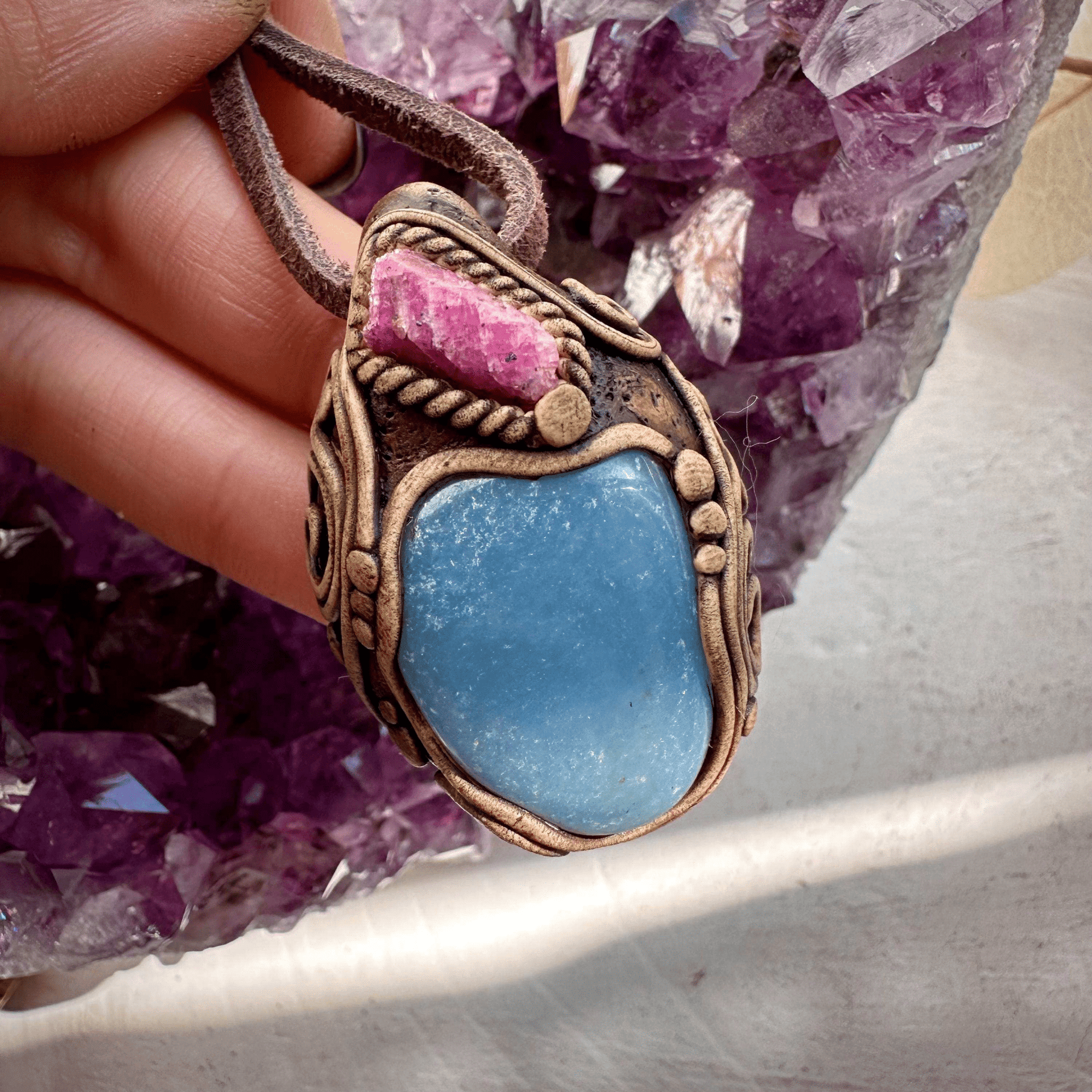 Angelite and Raw Ruby Necklace - FairyGardenGlow