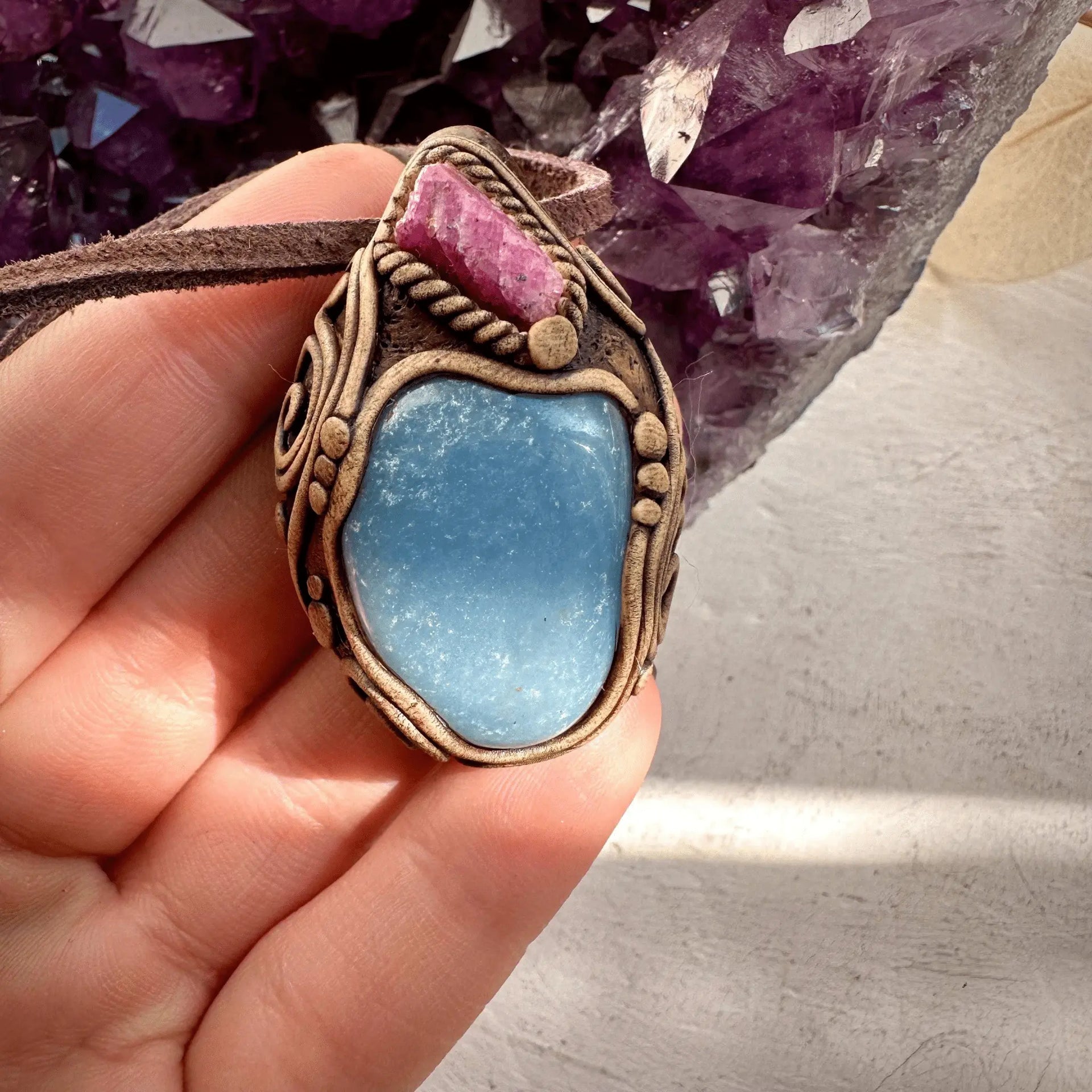 Angelite and Raw Ruby Necklace - FairyGardenGlow