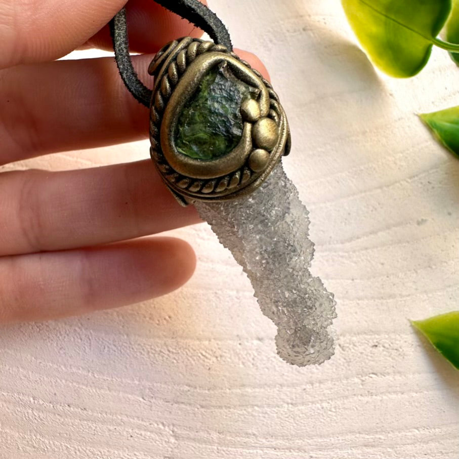 One-of-a-kind necklace with Apophyllite on Chalcedony and Moldavite
