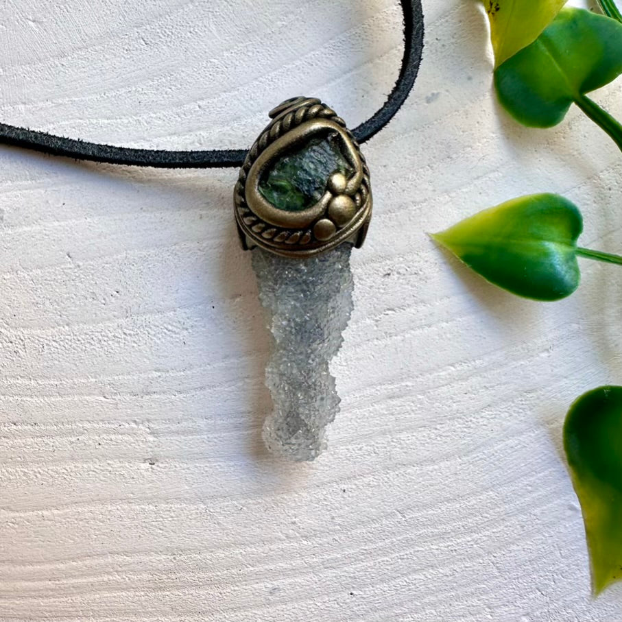 Apophyllite on Chalcedony and Moldavite pendant necklace – handmade crystal jewelry