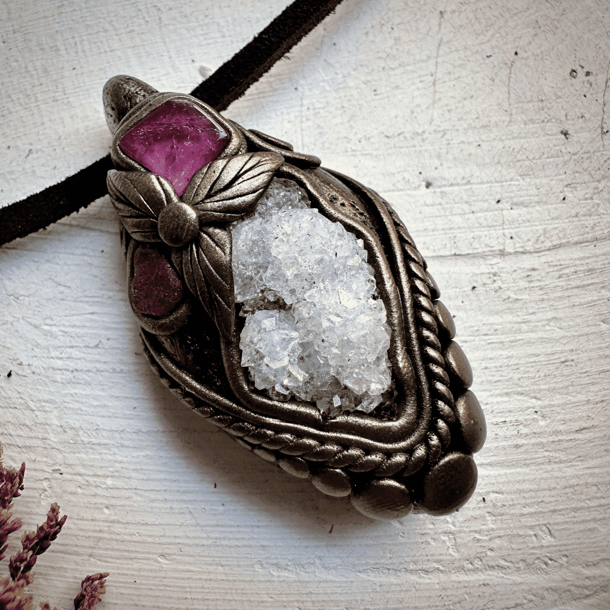 Apophyllite Cluster Ruby and Pink Tourmaline Necklace - FairyGardenGlow