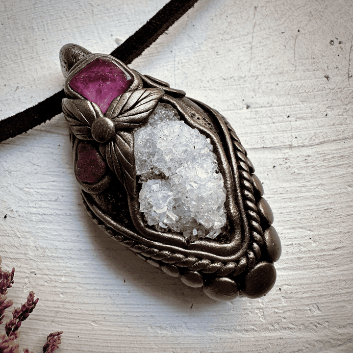 Apophyllite Cluster Ruby and Pink Tourmaline Necklace - FairyGardenGlow
