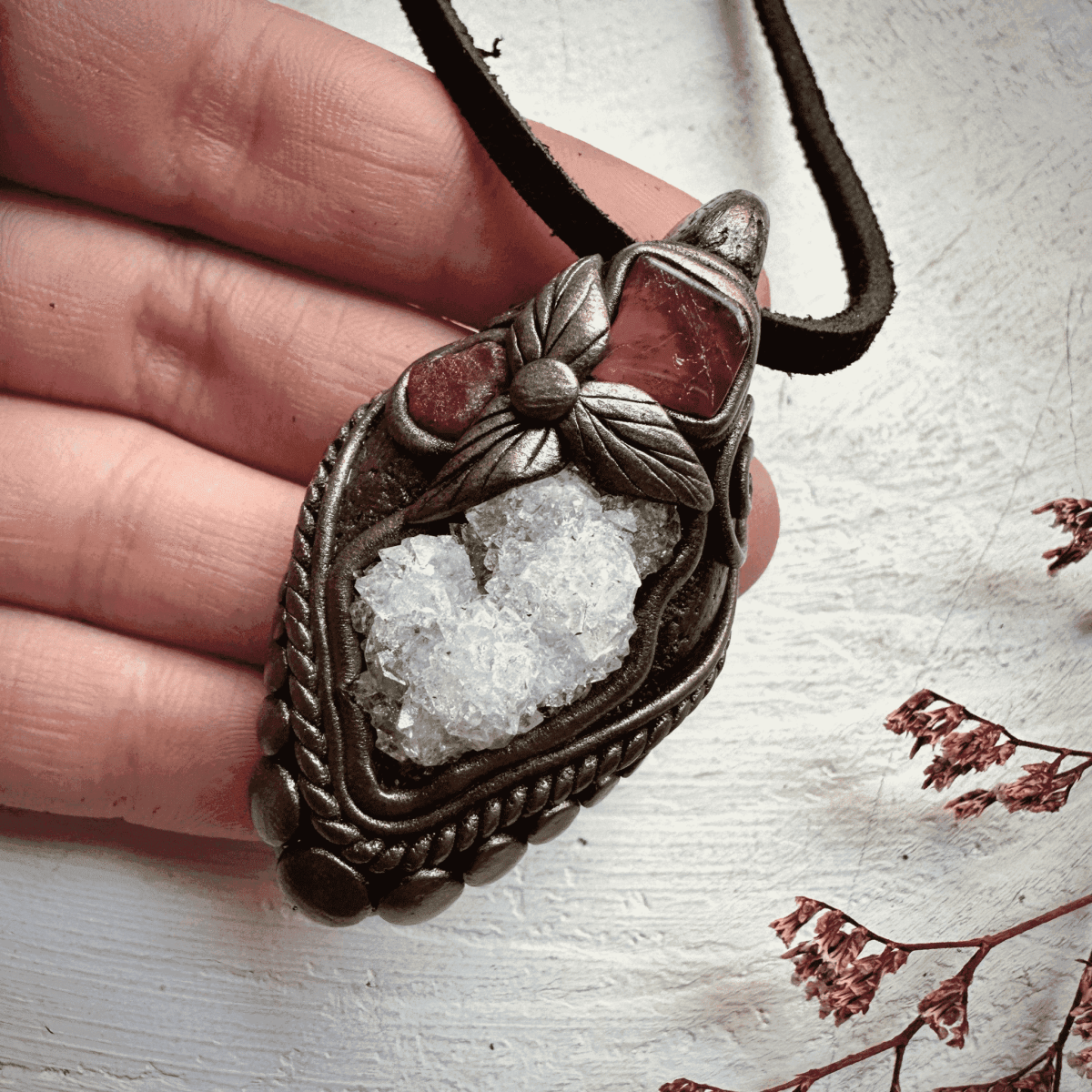 Apophyllite Cluster Ruby and Pink Tourmaline Necklace - FairyGardenGlow