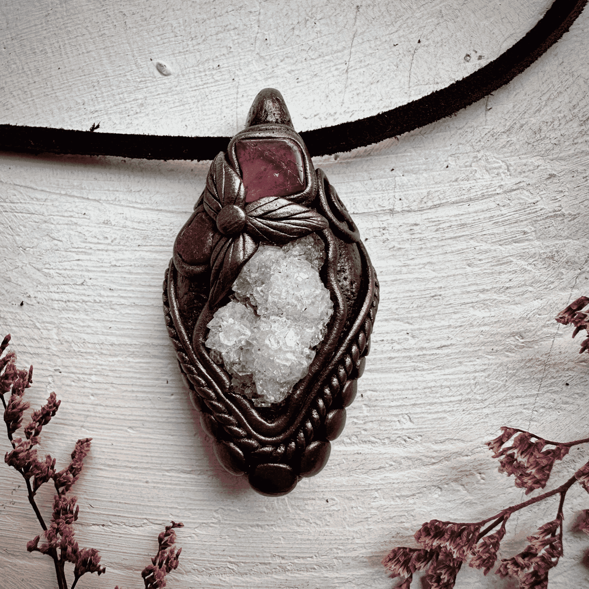 Apophyllite Cluster Ruby and Pink Tourmaline Necklace - FairyGardenGlow