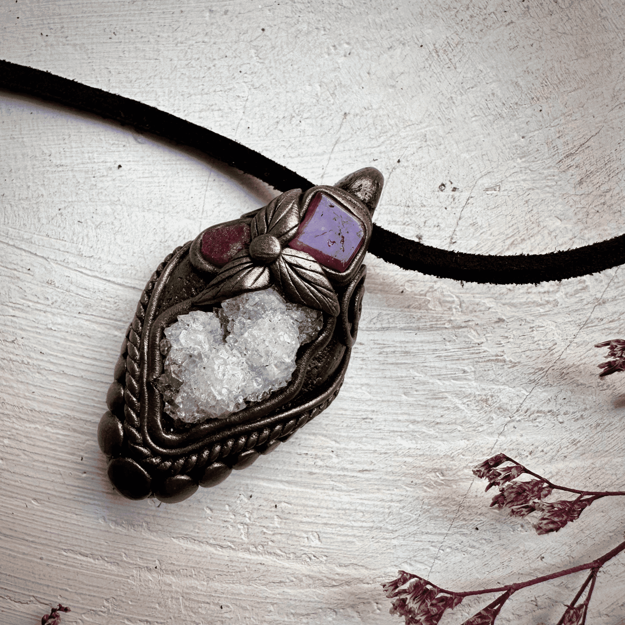 Apophyllite Cluster Ruby and Pink Tourmaline Necklace - FairyGardenGlow