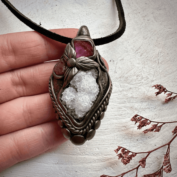 Apophyllite Cluster Ruby and Pink Tourmaline Necklace - FairyGardenGlow