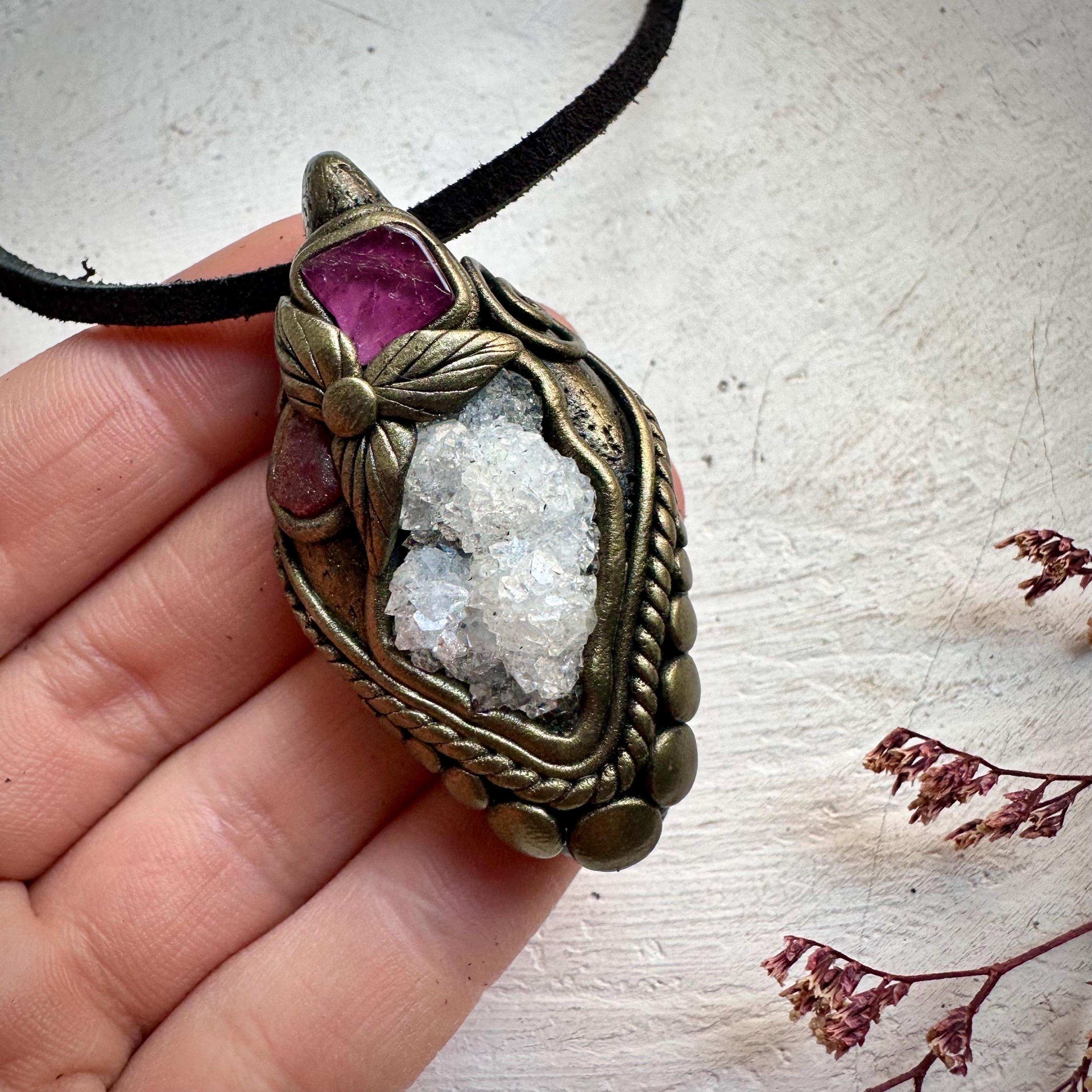 Apophyllite Cluster Ruby and Pink Tourmaline Necklace - FairyGardenGlow