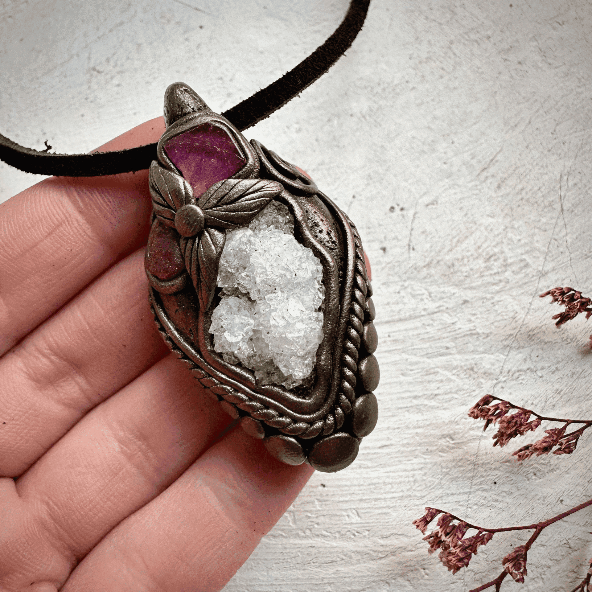 Apophyllite Cluster Ruby and Pink Tourmaline Necklace - FairyGardenGlow