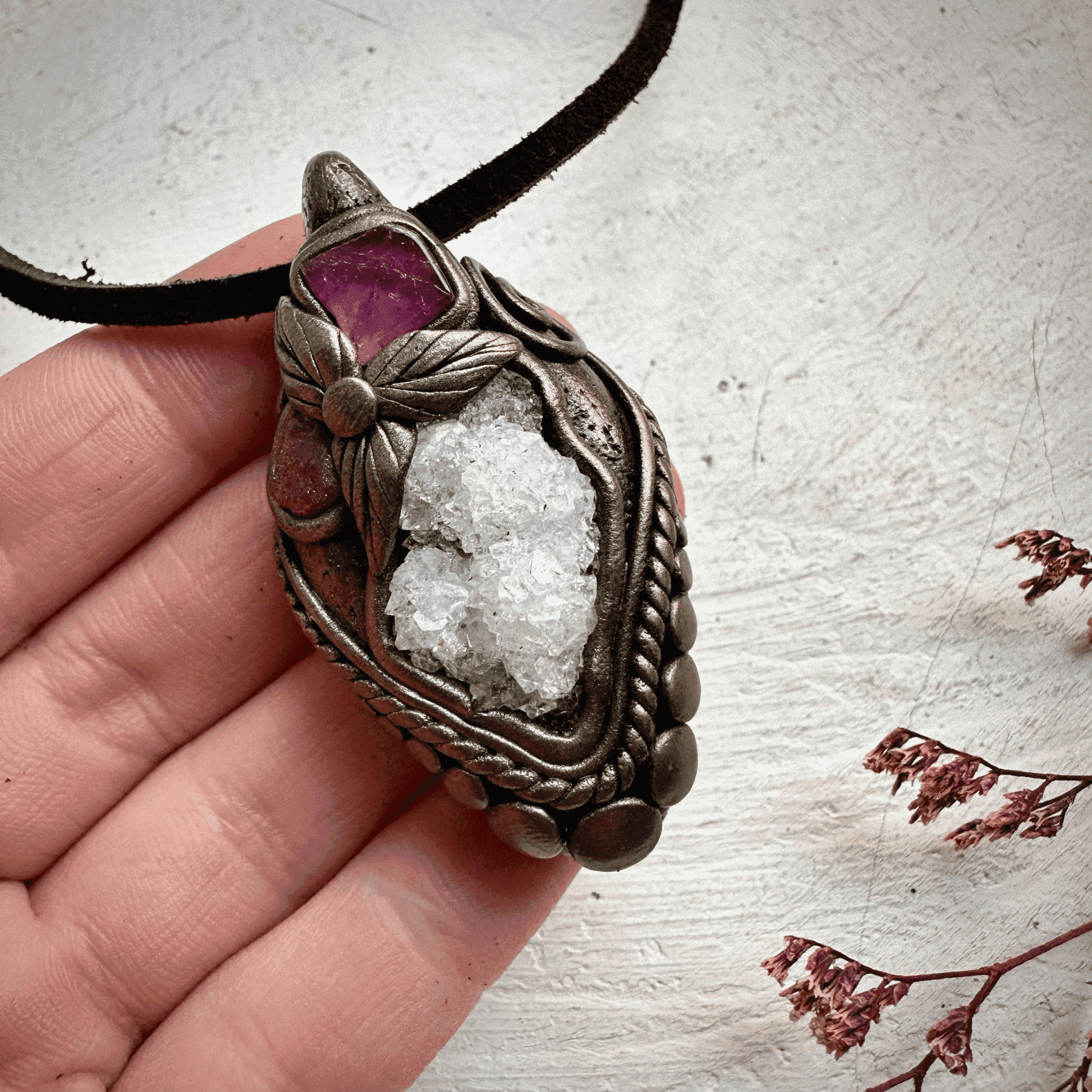 Apophyllite Cluster Ruby and Pink Tourmaline Necklace - FairyGardenGlow
