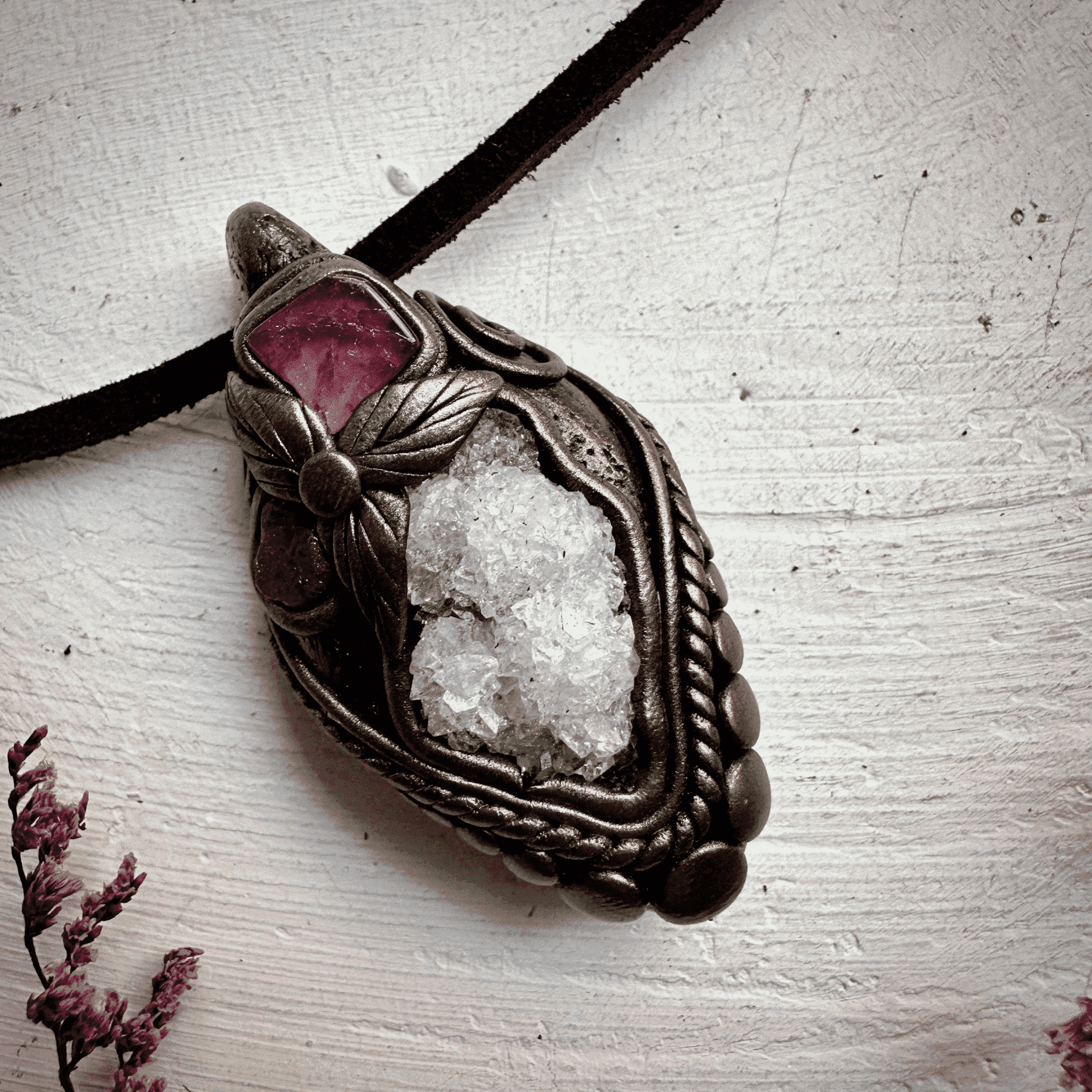 Apophyllite Cluster Ruby and Pink Tourmaline Necklace - FairyGardenGlow