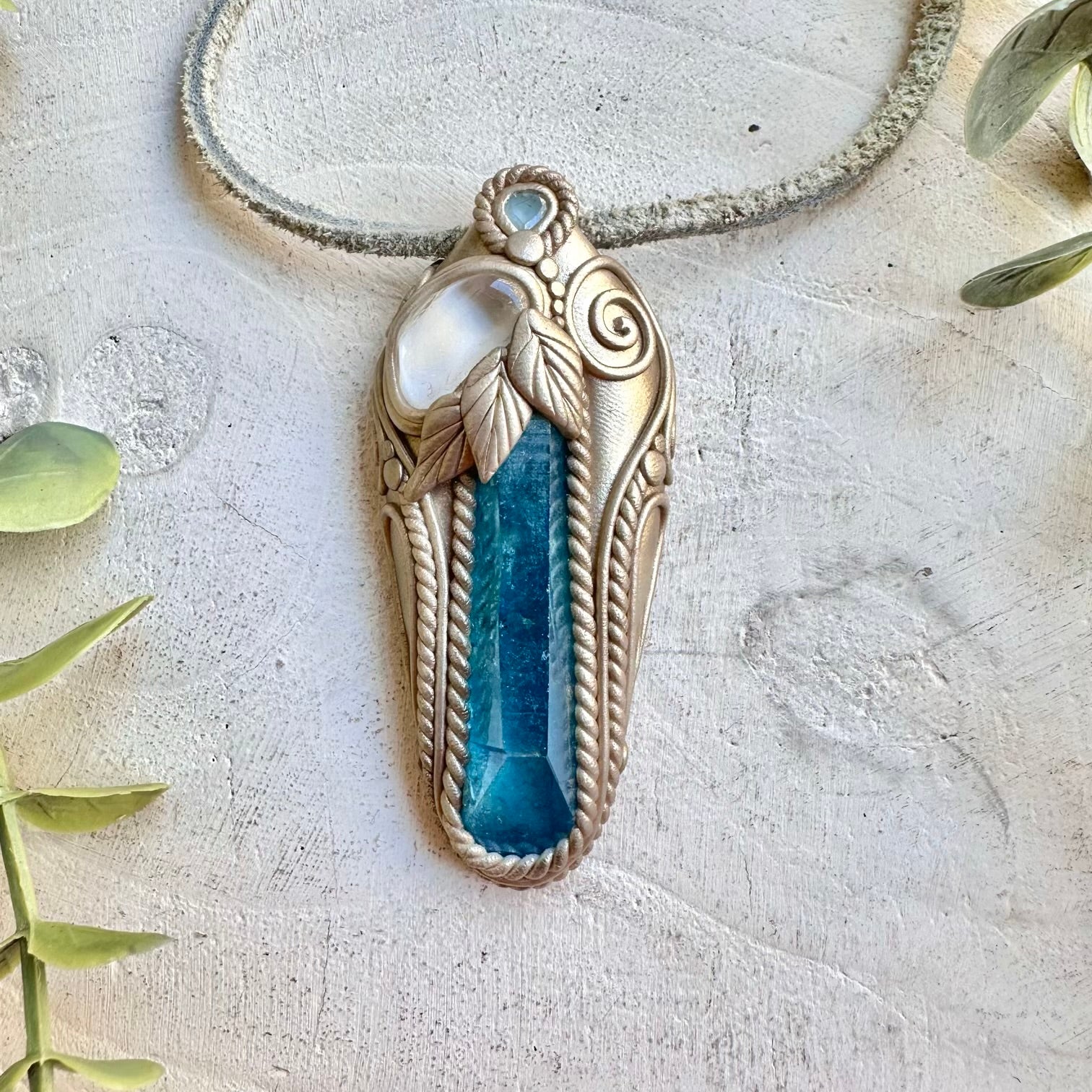 Aqua Aura Quartz with Danburite and Blue Topaz pendant necklace