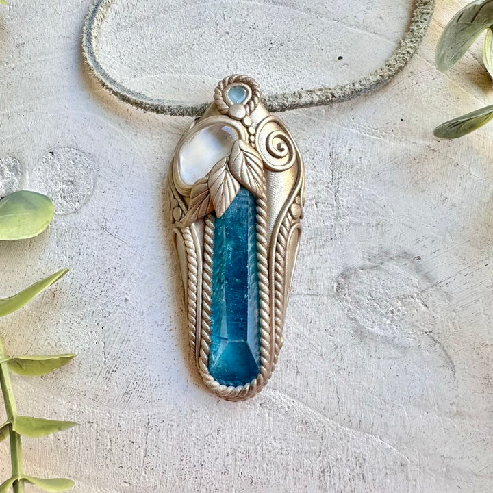 Aqua Aura Quartz with Danburite and Blue Topaz pendant necklace