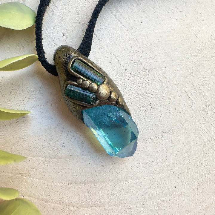 Aqua Aura Quartz and Green Tourmaline pendant necklace handmade with natural gemstones