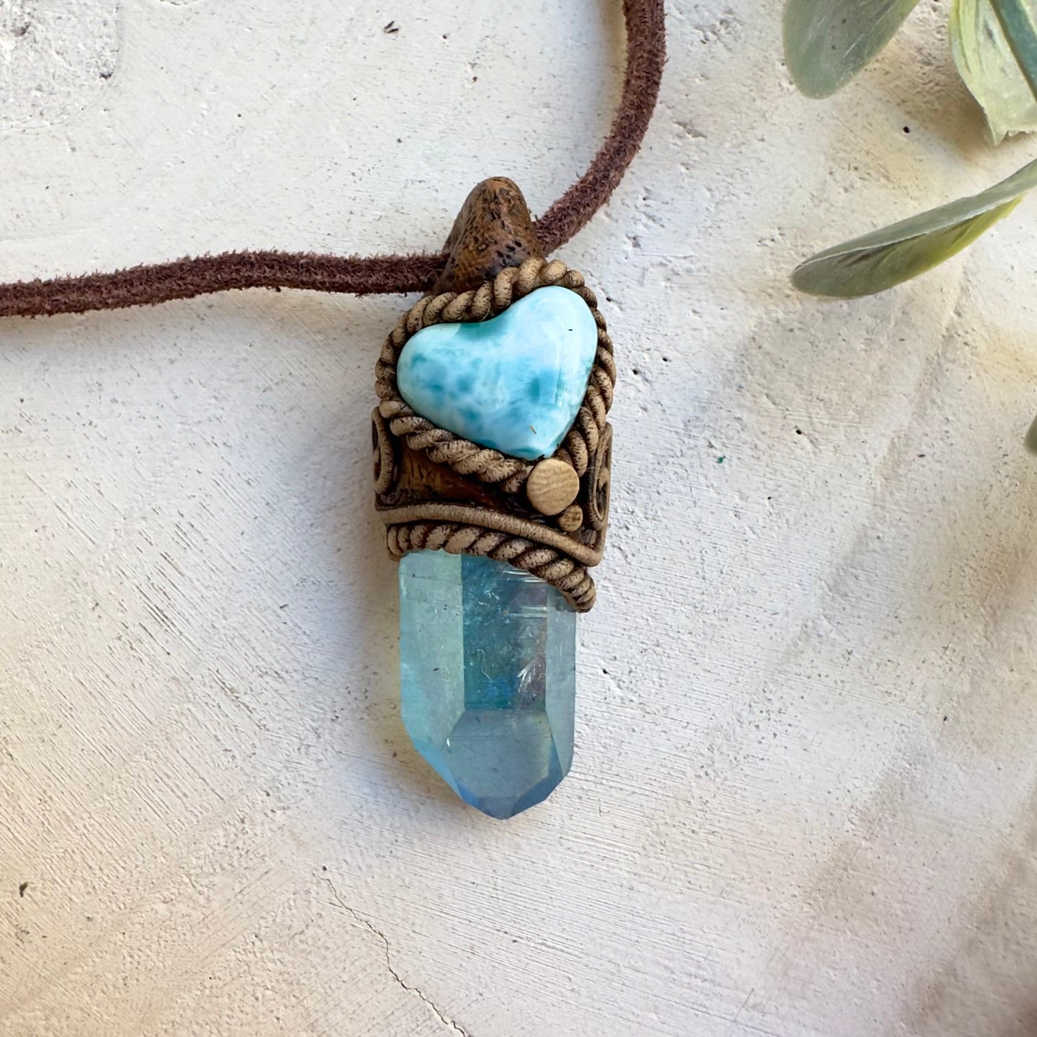 Spiritual crystal heart necklace with natural Larimar gemstone