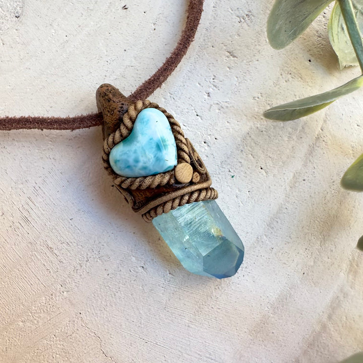 Ocean inspired heart pendant necklace with Larimar and Aqua Aura Quartz