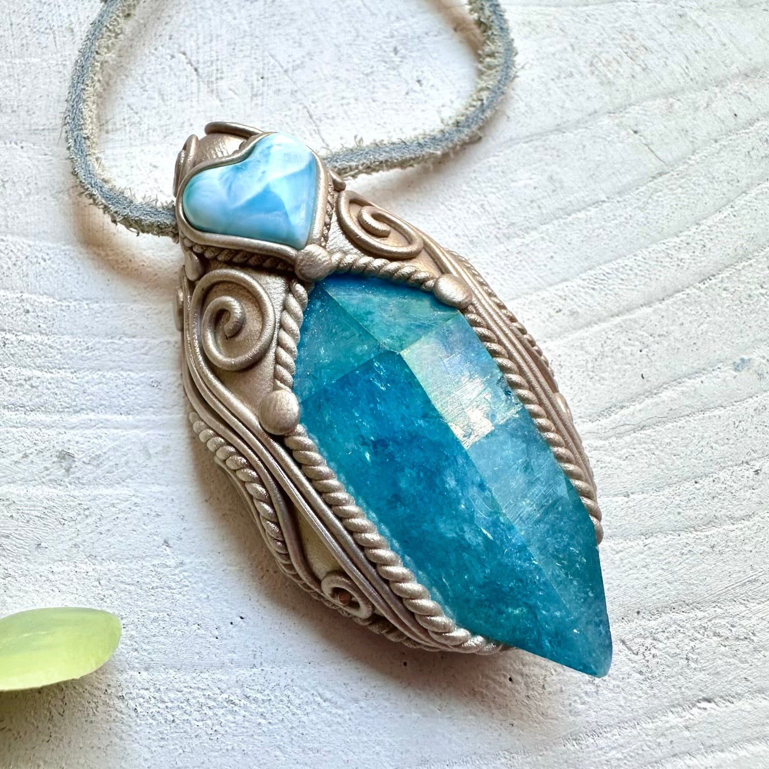 Healing crystal necklace aqua aura larimar heart