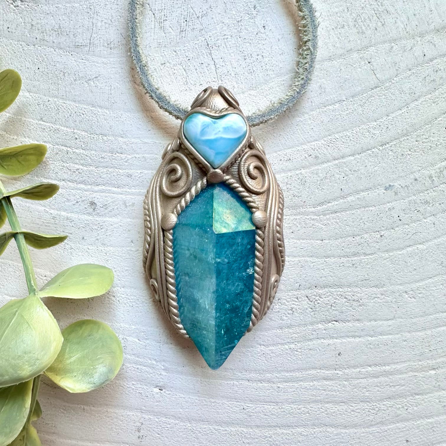 handmade healing crystal jewelry with Aqua Aura Quartz and Larimar Heart