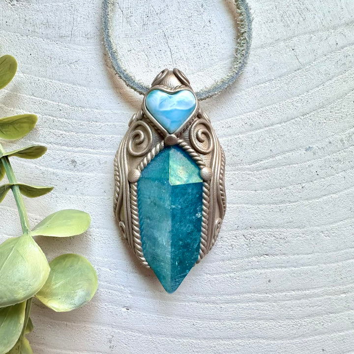 handmade healing crystal jewelry with Aqua Aura Quartz and Larimar Heart