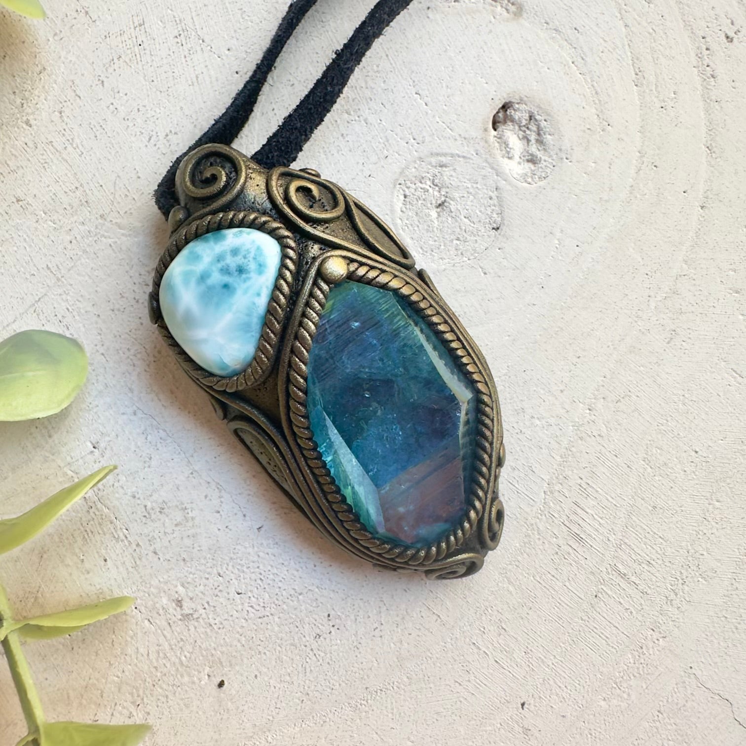 Aqua Aura Quartz and Larimar pendant necklace handmade with natural gemstones