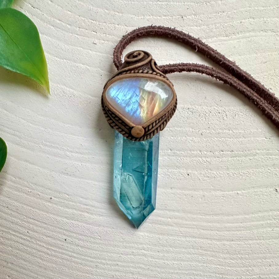 Handcrafted necklace with Aqua Aura Quartz and Rainbow Moonstone