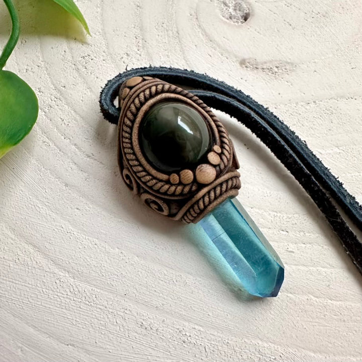 Rainbow Obsidian and Aqua Aura Quartz spiritual pendant necklace