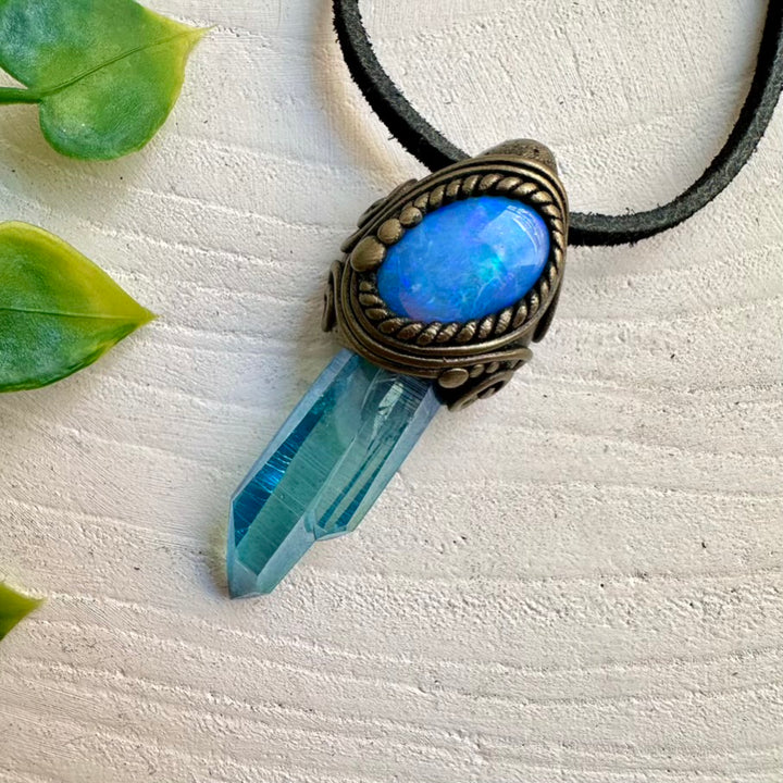 Healing crystal necklace with Aqua Aura Quartz and Opal