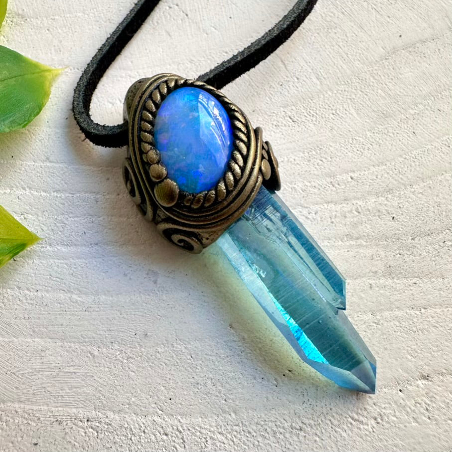 Crystal jewelry featuring Aqua Aura Quartz and iridescent Australian Opal