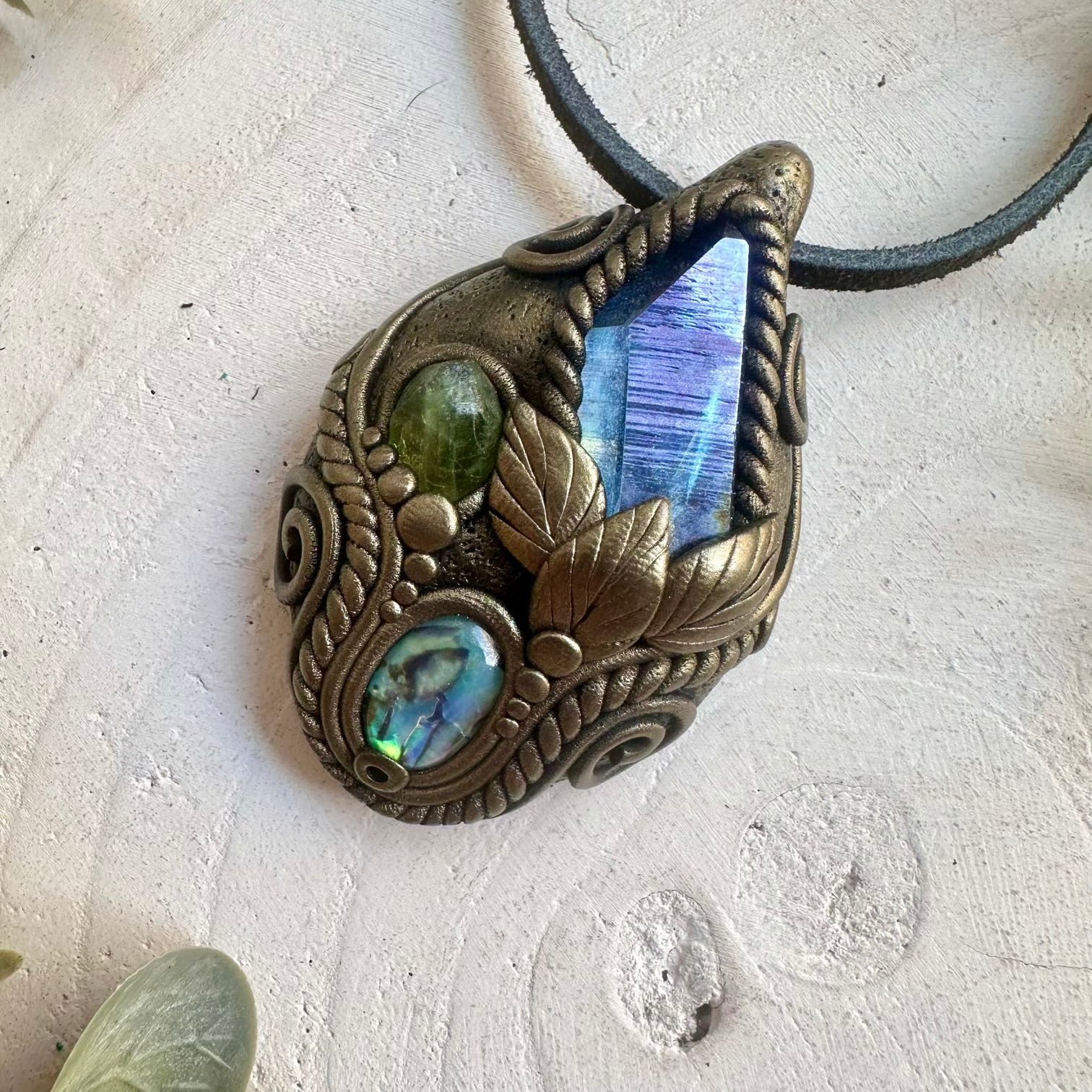 Handmade healing crystal necklace with Aqua Aura Quartz, Peridot and ocean-inspired Abalone Seashell.