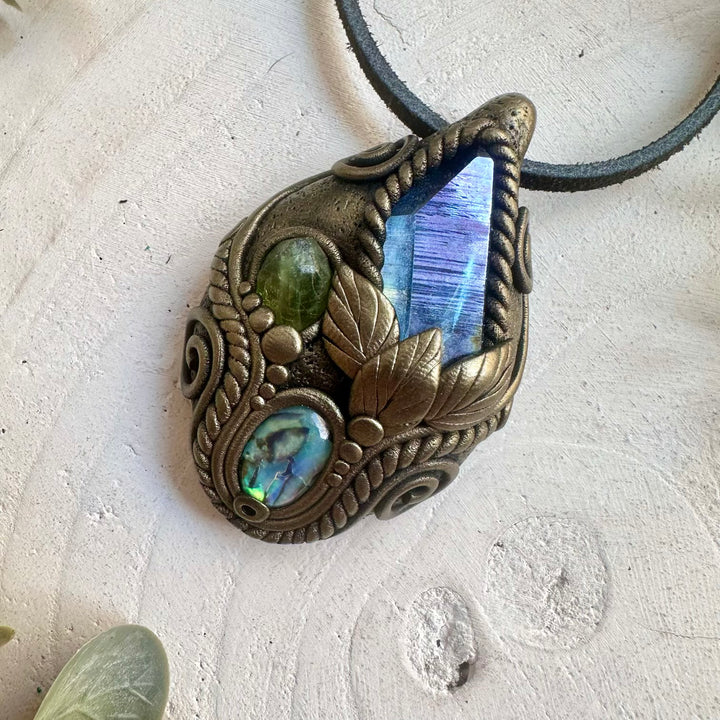 Handmade healing crystal necklace with Aqua Aura Quartz, Peridot and ocean-inspired Abalone Seashell.